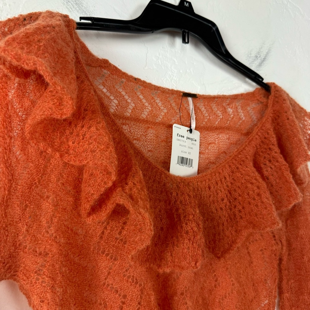 Free People Pullover Sweater Knit Top Macaroon Ruffle Collar Orange Mohair Soft - Picture 5 of 8